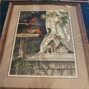 Vintage Stamped Cross Stitch Kit with Cats and Cardinals Sunset
